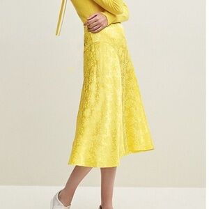 LEWIT | Yellow Floral Silk Midi Skirt Jacquard Flared A-line Lemon sz 8 romantic